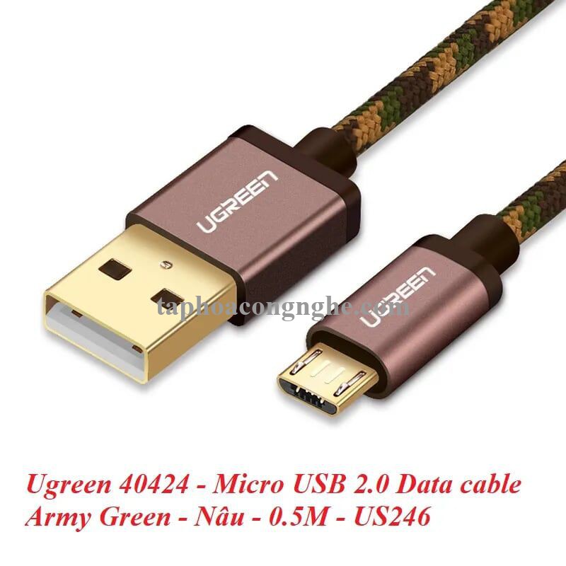 Ugreen 40424 0.5M màu Nâu Cáp sạc truyền dữ liệu USB 2.0 sang MICRO USB dây bọc lưới US246 30040424